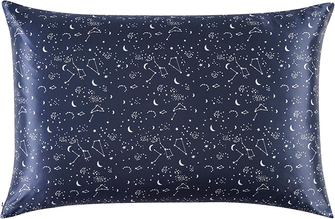 ALASKA BEAR Luxury Silk Pillowcase for Beauty Sleep, Genuine 22 Momme Mulberry Silk Pillow Case Slip for Room Decor, Navy Constellation Floral Pattern Printed, Queen Size (1pc, Gift Box)