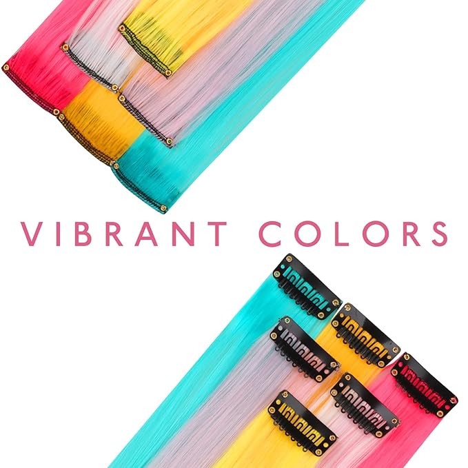 WENNALIFE 12 PCS Rainbow Hair Extensions Clip in, Colored Clip in Hair Extensions for Kids Highlights Rainbow Hair Clips for Girls Synthetic Straight Pop-up Style Colorful Girls Hair Accessories