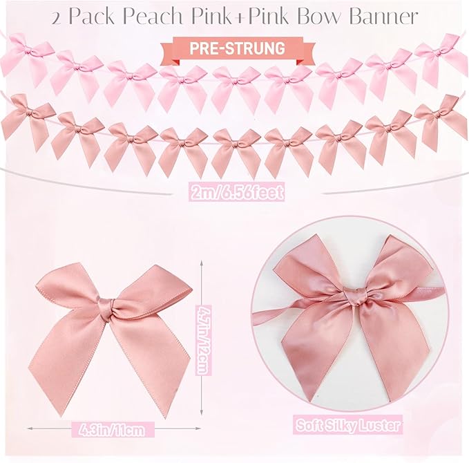 2pcs Bow Garland Banner, Ribbon Bow Party Decorations for Baby Shower Girls Bow Coquette Birthday Party Decor (Peach Pink+Pink)