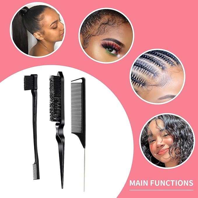 3 Pieces Hair Styling Comb Set Teasing Brush Rat Tail Comb Edge Brush for Edge&Back Brushing, Combing, Slicking Hair for Women (Black)