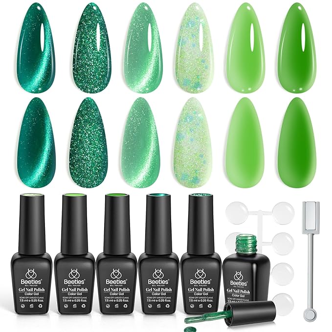 beetles Gel Polish Christmas Green Gel Nail Polish Set Cat Eye Jelly with Color Swatch Dots Magnet 6 Color Glitter Enchanted Forest Theme for Salon Manicure Nail Art DIY at Home Gift for Women Girls