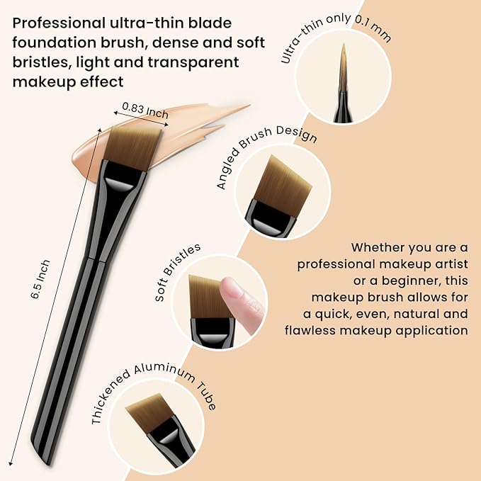 Ultra Thin Flat Foundation Brush for Liquid Makeup,Liquid Foundation Brush 0.1mm Peak, Flat Makup Brush with Power Puff for Liquild and Cream