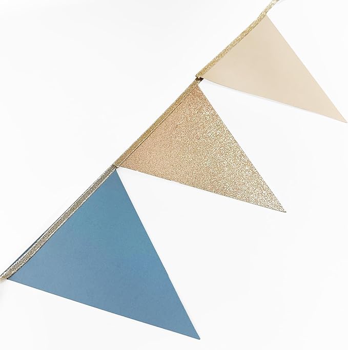 30Ft Champagne Gold Dusty Blue Beige Party Decorations Pennant Banner Flag Hanging Paper Triangle Bunting for Baby Shower Birthday Graduation Wedding Bachelor Retirement Nautical Party Supplies