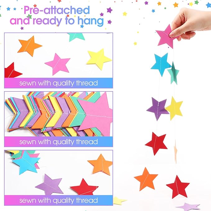 Patelai 130 Feet Glitter Star Garland Banner Decoration Hanging String Star New Year Eve Party Supplies Gold Black Party Decor for 2026 New Year Valentines Wedding Birthday (Colorful)