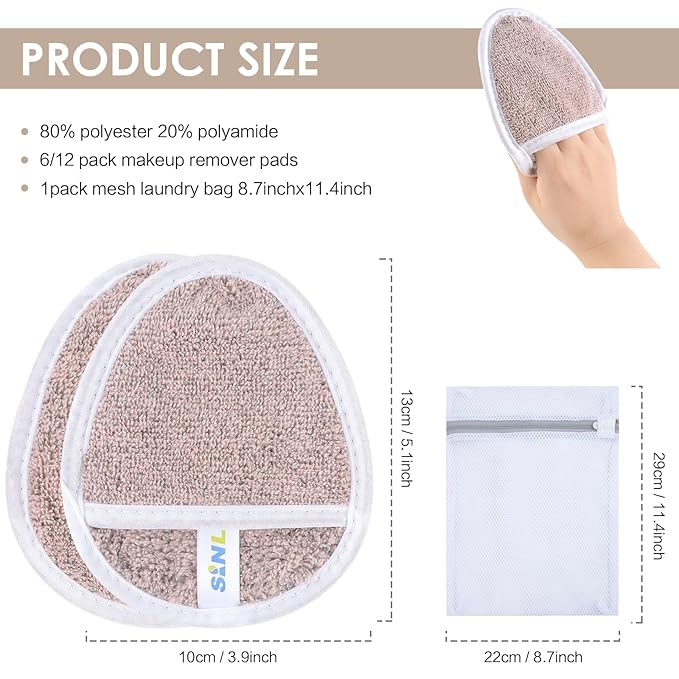 SINLAND Reusable Makeup Remover Pads For Face,Eye,Lips Microfiber Gentle Facial Cleansing Cloths for All Skin Types Friendly for Makeup Remover With Laundry Bag 5.1inchx3.93inch Pack of 6