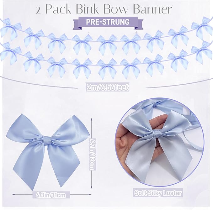 2pcs Bow Garland Banner, Ribbon Bow Party Decorations for Baby Shower Girls Bow Coquette Birthday Party Decor (Blue)