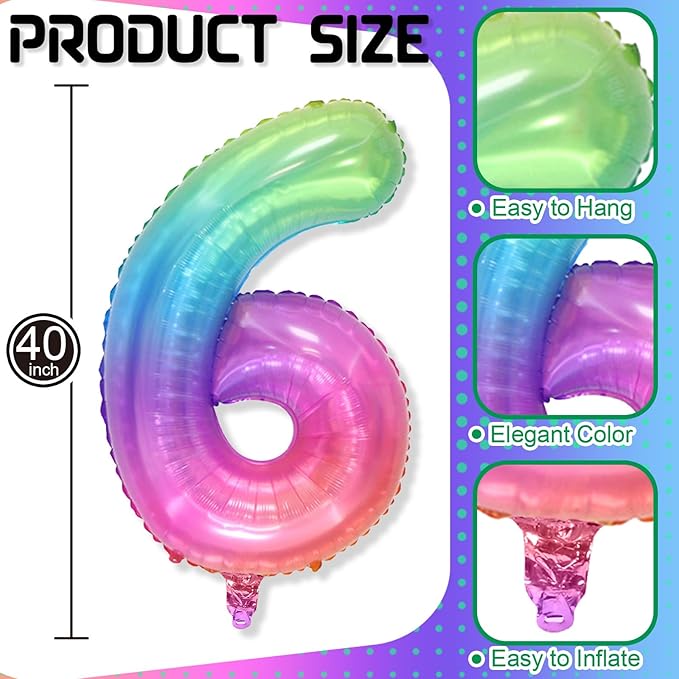 40 Inch 6 Balloon Number, Large Rainbow Foil Number 6 Balloons Birthday Party Decor, Helium Mylar Self Inflating Pastel Colorful Multicolor Balloon for Girls Kids 6th Birthday Anniversary Decorations