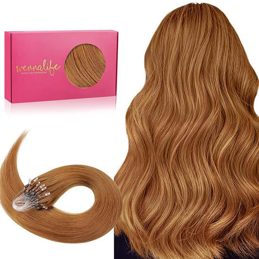 WENNALIFE Microlink Hair Extensions, 50g 50s 20 Inch Human Hair Auburn Ginger Remy Micro Bead Real Micro Loop Ring Extensions Straight