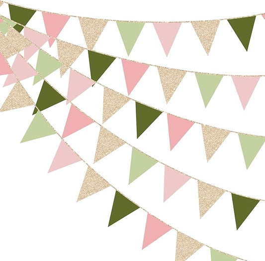 Sage Green Dusty Rose Pink Champagne Gold Pennant Banner Flag Hanging Glitter Paper Triangle Bunting for Girls Wild One Jungle Safari Woodland Themed Birthday Baby Shower Wedding Party Decorations