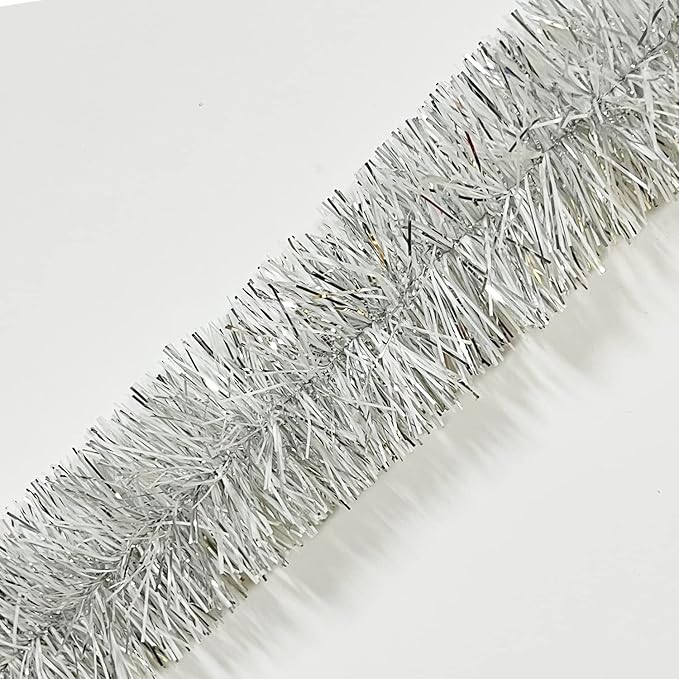 25 ft Long Roll Silver & White Tinsel Twist Garland, Shiny Metallic Foil Decorations for Halloween, Parade Floats, Christmas Eve, New Year Parties (4" x 25' roll, Silver & White)