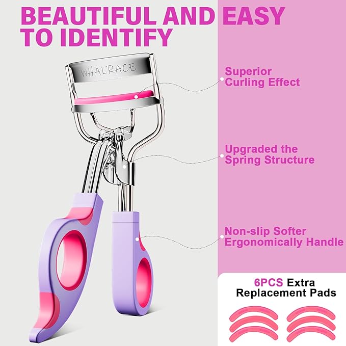 Eye Lash Curler with 6 Replacement Pads, Whalrace Eyelash Curlers Superior Curling Effect, Beautiful and Easy to Identify-Silver Purple Red