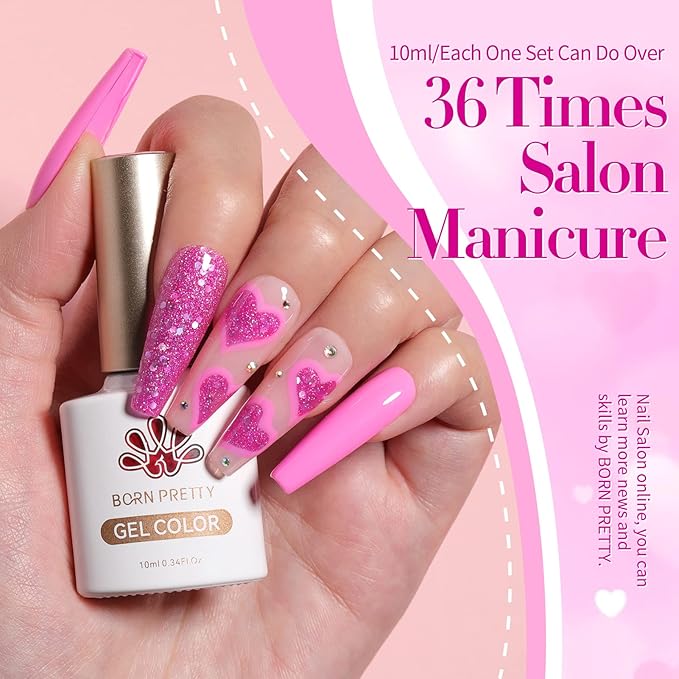 Born Pretty Neon Hot Pink Gel Nail Polish,Halloween Pink Ghost,Natural Soft Light to Dark Glitter Sparkle Gel Polish Soak Off U v LED Nail Art Manicue Kit DIY at Home or Manicure Salon 6PCS