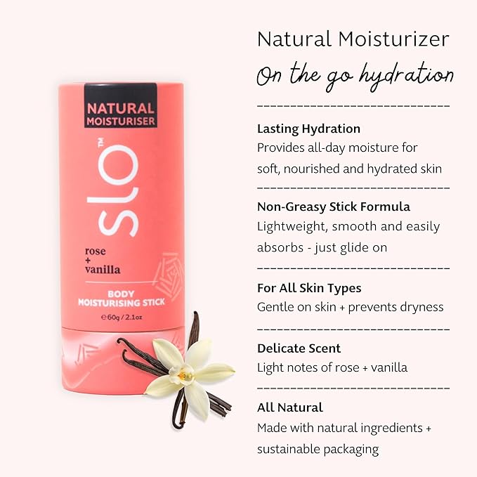 Slo Natural Moisturizing Stick | Body Balm for Dry Skin with Organic Ingredients | Hydrating + Nourishing | Coconut, Cocoa Butter & Antioxidants | Travel-Friendly | Rose + Vanilla | 2.11oz/60g