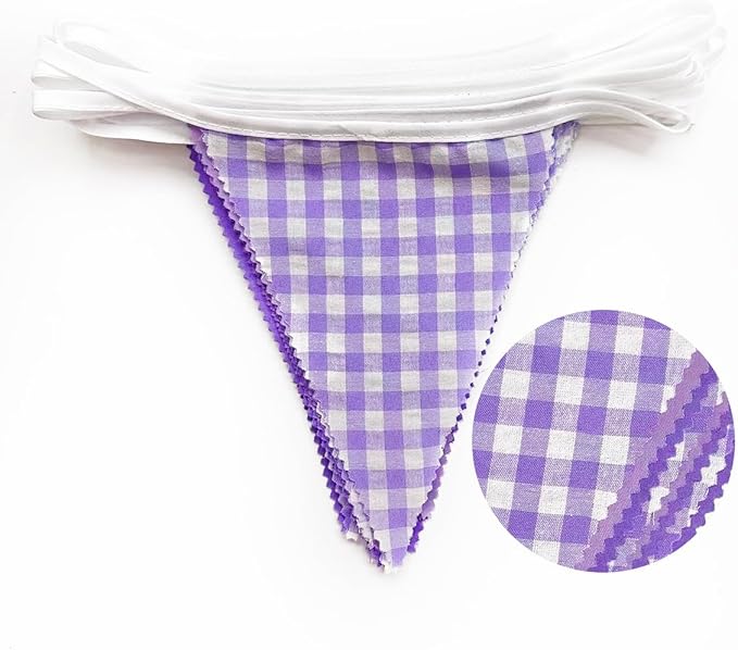 32Ft Purple Party Decorations Purple Gingham Triangle Flag Plaid Checkered Pennant Banner Fabric Garland Streamers for Lavender Mermaid Birthday Baby Shower Picnic BBQ Outdoor Tea Party Decor Supplies
