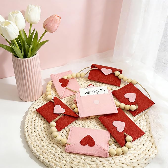 Valentines Day Decorations, Felt Heart and Envelope Garland with Wooden Beads, Valentines Day Garland for Mantle, Heart Decorations, Banner, Fireplace, Wall, Party (Openable Envelope)
