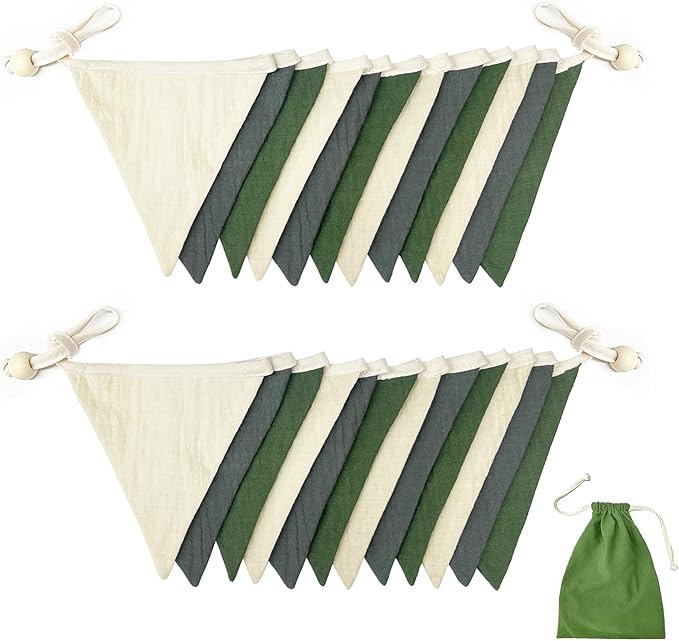 2 Sets of Green Grey Beige Nursery Garland 24Pcs Woodland Fabric Linen Pennant Banner Flags Triangle Streamers for Baby Playroom Decor Kids Camping Birthday Baby Shower Jungle Party Decorations