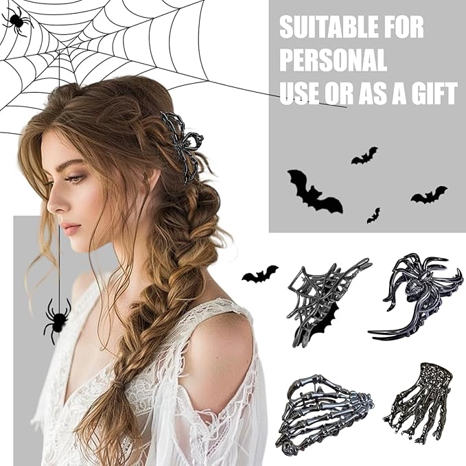 6 Pack Skull Skeleton Hair Claw Clips, Gothic Punk Hair Accessories for Women Girls, Halloween Spider Web Metal Barrettes for Thick Thin Hair Styling (Black Silver)