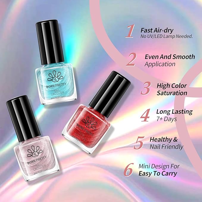 Born Pretty Metallic Nail Polish Set, 15 Colors Metallic Mirror Quick Dry Nail Polish Red Pink Gold Silver Purple Chrome Holographic Regular Nail Polish Nail Lacquer Fingernail Glossy Nail Polish Set