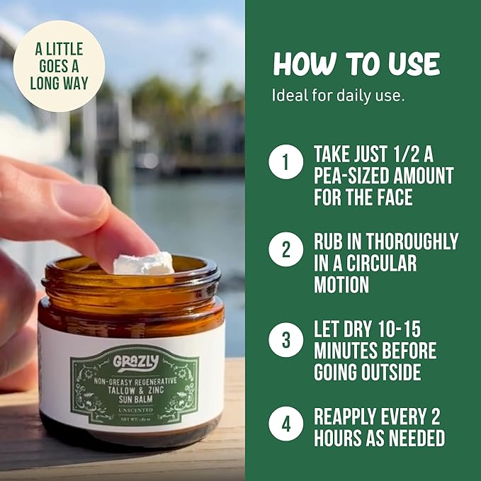 Beef Tallow Sunscreen SPF 35 – Unscented Water Resistant Zinc Sun Balm, Non-Greasy Natural Sunscreen for Face & Body – 4 Natural Ingredients: Non-Nano Zinc, Organic Coconut Oil, Beeswax- 1.8 oz