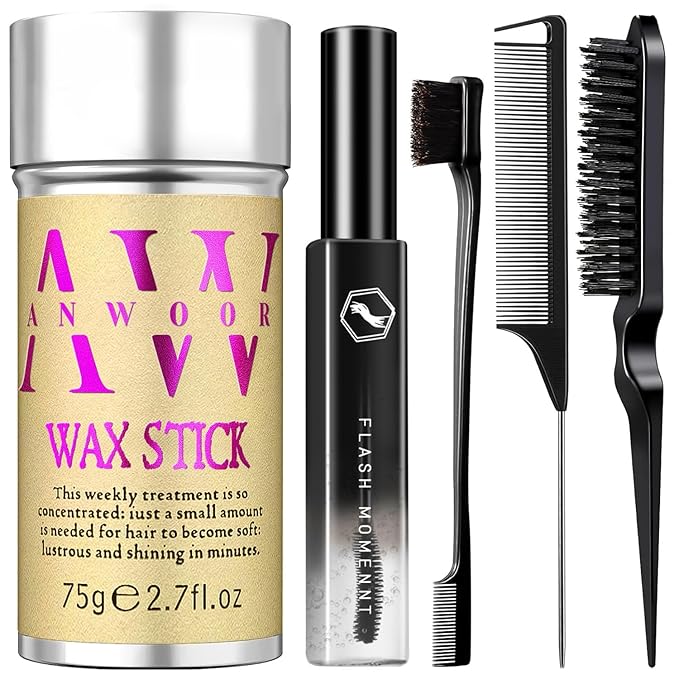 5Pcs Set: Hair Wax Stick, Hair Finishing Stick, Slick Back Hair Brush - Smooths Flyaways, Tames Frizz, Sleek Ponytails Buns - Taming Wand for Women Style Edges - Styling Accessories for Girls & Kids