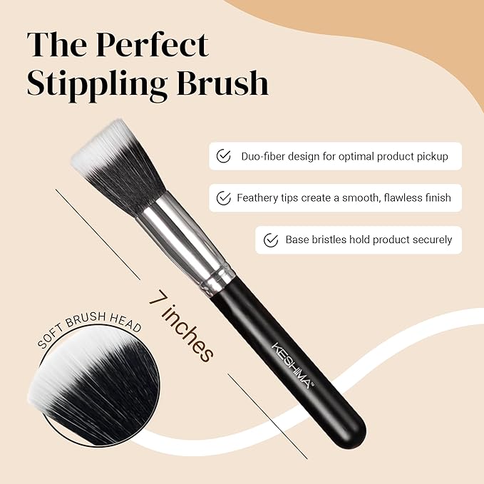 Keshima Duo-Fiber Stippling Brush - Premium Stipple Brush for Powder and Liquid Makeup Foundation