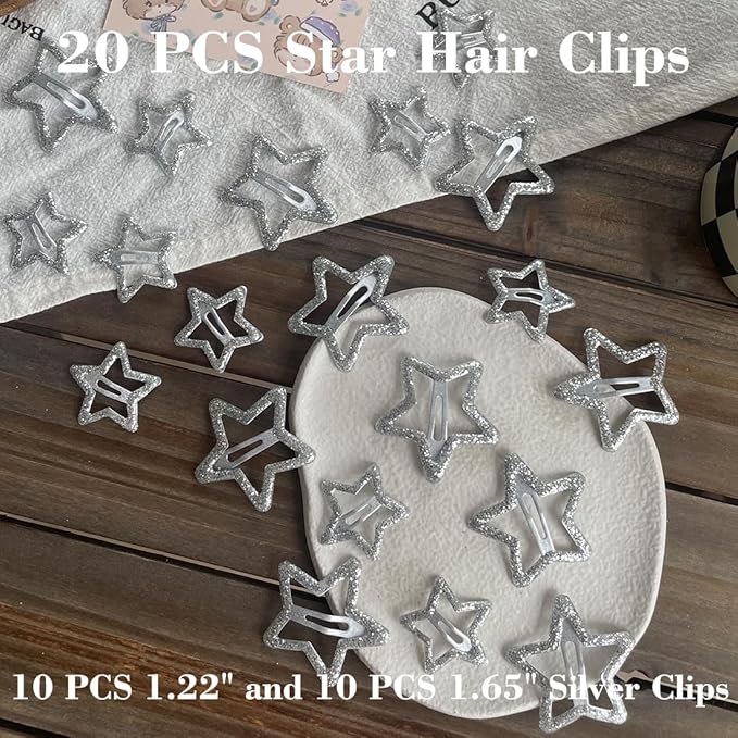 20 PCS Sparkling 1.22" and 1.65"Star Hair Clips Snap Hair Accessories Non Slip Clips for Girls Women Y2K Accessories Silver Metal Hair Clip Hair Barrettes