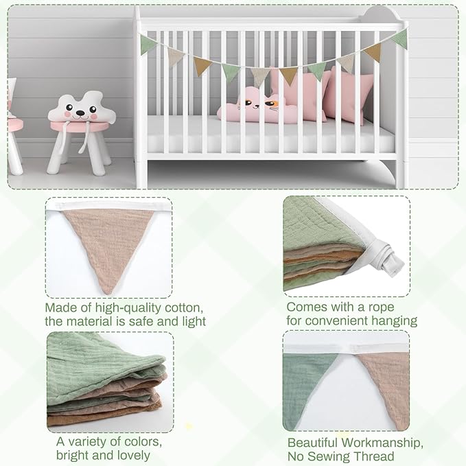 2PCS Pennant Banner Flags, Fabric Bunting Banner Nursery Garland Decor, Baby Shower Garland, Triangle Flags for Baby Boy Room, Playroom, Boho Birthday Party Decor, Each 7.75 ft (Mistwood Color)