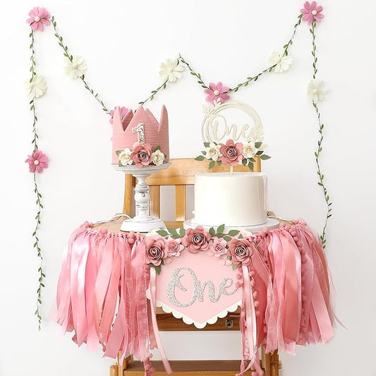 Wildflower 1st High Chair Banner Birthday Decorations For Girl Flower Cake Topper Hat Floral Theme Party Decoration