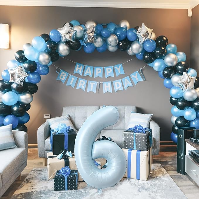 40 Inch 6 Balloon Number, Large Pastel Baby Sky Blue Foil Number 6 Balloons Birthday Party Decor, Light Powder Blue Helium Mylar Self Inflating Balloon for Boys Kid 6th Birthday Anniversary Decoration