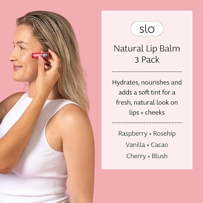Slo | Natural Lip Balm - All Natural Ingredients, Vegan & Cruelty Free, Hydrating & Soothing, Plastic Free | Raspberry + Rosehip & Cherry + Blush & Vanilla + Cacao | 3 Pack (3 x 0.28oz/8g)
