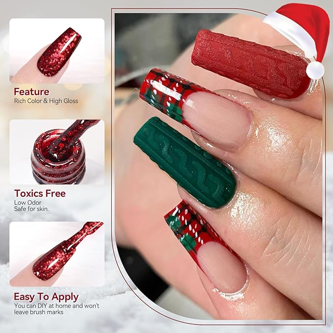 Born Pretty Gel Nail Polish Set 6 Colors,Spring Summer Green Red Gold Glitter Colos Gel Polish Kit Nail Art Manicure Design DIY Home Salon Collection Gift