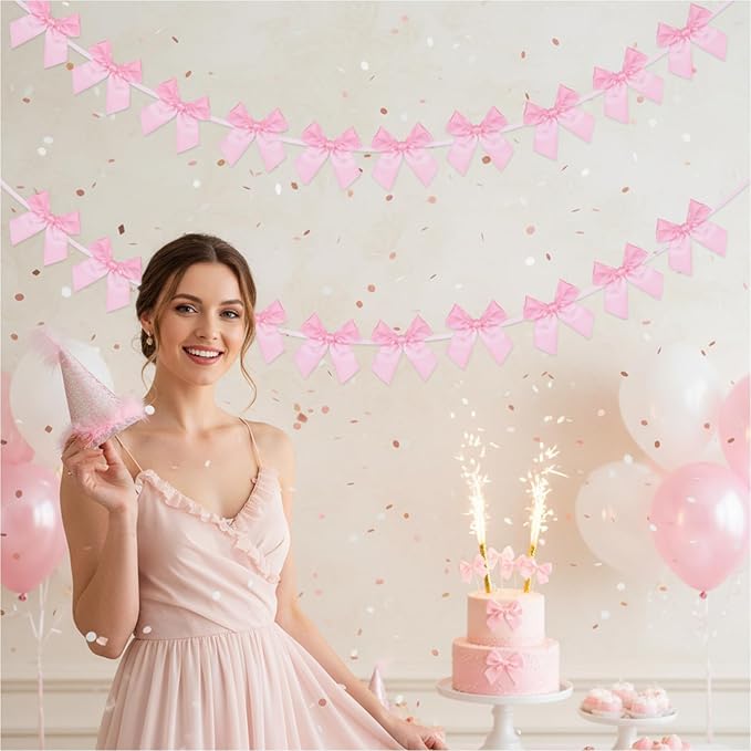 2Pcs Bow Garland Banner,Ribbon Bow Decorations for Party,Pink Bow for Baby Shower Decorations Wedding Bachelorette Bridal Shower Supplies(Pink)
