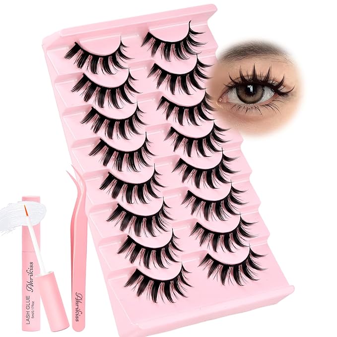Ahrikiss Lashes Spiky Manga Lashes Anime False Eyelashes 8 Pairs Faux Mink Lashes Kit with Lash Glue and Lash Tweezers Cosplay Thick Fake Eyelashes Soft Strip Lashes Natural Look (Dolls)