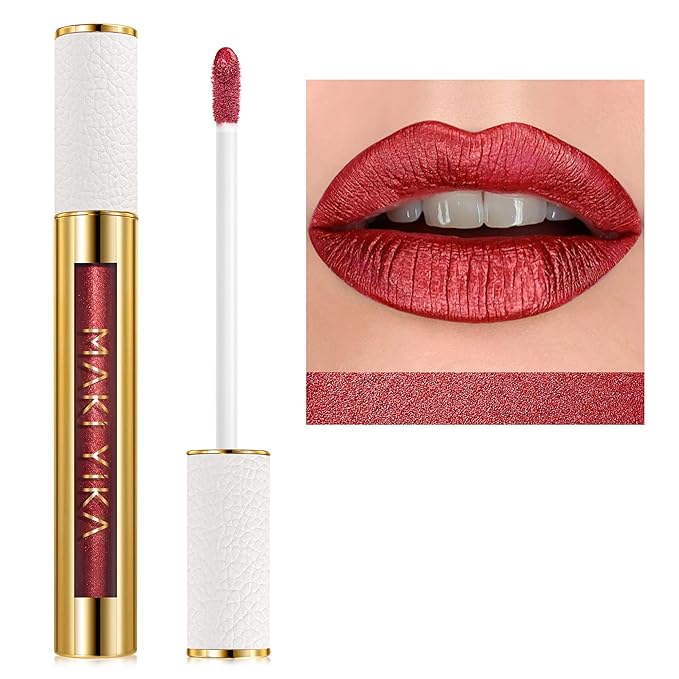 MAKI YIKA Red Lipstick for Women Metallic Lipsticks Glitter Long Lasting Lipstick No Smudge No Transfer Shimmer Liquid Lip Gloss (BR06 Dangerous)