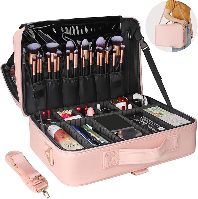 Relavel Makeup Case Large Makeup Bag Professional Train Case 16.5 inches Travel Cosmetic Organizer Brush Holder Waterproof Makeup Artist Storage Box, 3 Layer Large with Adjustable Strap (Pink)