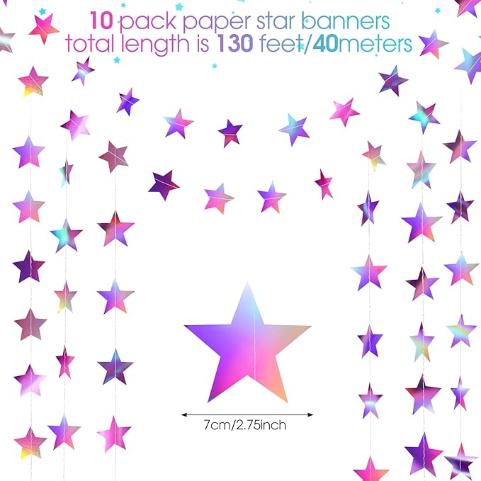 Patelai Glitter Star Garland Banner New Years Decor 130 Feet Star Hanging Banner Twinkle Backdrop for Birthday Classroom Wedding Halloween Christmas Party Supplies(Iridescent Purple)