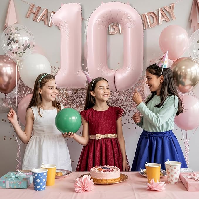 40'' 10 Balloon Number, Large Dusty Baby Pastel Pink Foil Number 10 Balloons Birthday Party Decor, Blush Light Matte Pink Helium Self Inflating Balloon for Girls 10th Birthday Anniversary Decorations