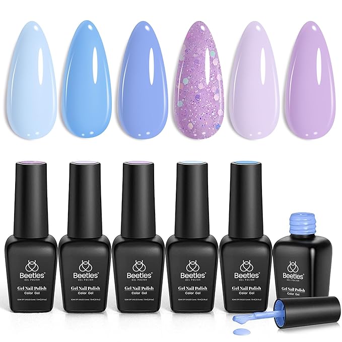 Beetles Gel Nail Polish Set - 6 Colors Purple Baby Blue Light Color Gel Nail Kit Lavender Violets Collection Soak Off UV LED Gel Manicure DIY Periwinkle Nail Polish Salon Gift for Women Girls