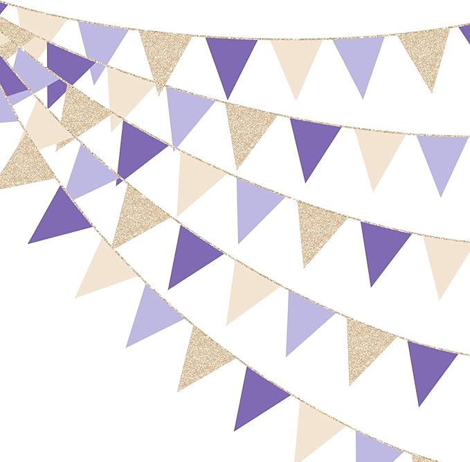 30 Ft Purple Lavender Beige Champagne Gold Party Decorations Pennant Banner Flag Hanging Paper Triangle Bunting for Baby Shower Birthday Bridal Shower Wedding Engagement Lilac Violet Party Supplies