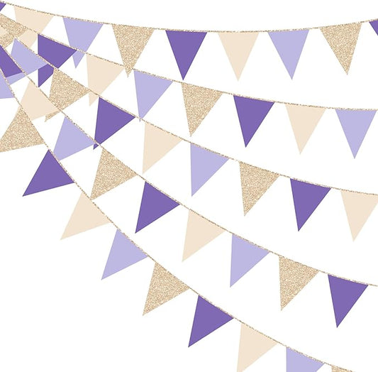 30 Ft Purple Lavender Beige Champagne Gold Party Decorations Pennant Banner Flag Hanging Paper Triangle Bunting for Baby Shower Birthday Bridal Shower Wedding Engagement Lilac Violet Party Supplies