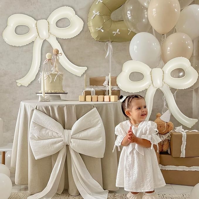 4 Pcs Bow Birthday Decorations Cream Bow Balloons for Girl Women Bow Themed Party Decorations Giant Foil Beige Balloons for Birthday Baby Shower Gender Reveal Wedding Decor Party Supplies