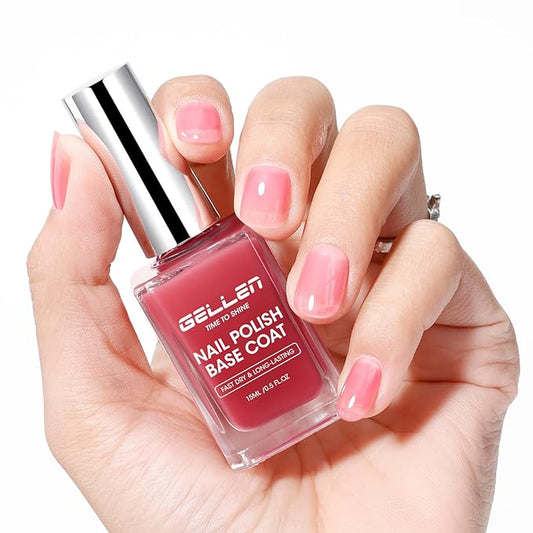 Gellen 4‑in‑1 Clear Nail Polish Base Coat Sheer Tinted Red, Ridge Filler, Nail Strengthener & Concealer, Calcium Formula Strengthens Nails, Natural Color Enhances Natural Look, No HEMA, Anti-yellowing