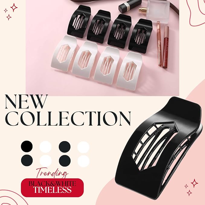 8 Pack Black White Flat Hair Clips for Women – Large Glossy Rectangle No-Slip Claw Clips for Thick & Thin Hair, Strong Hold Square Hair Accessories