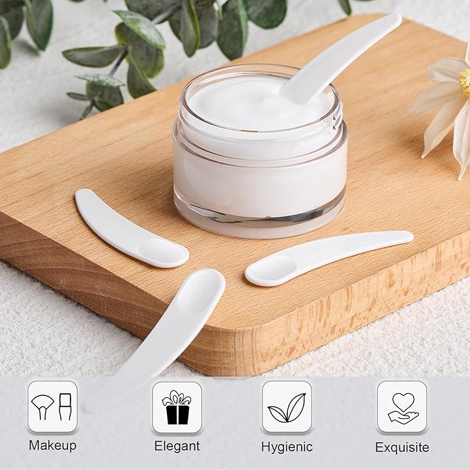 TUZAZO 200pcs Mini Spatula for Cosmetics, Bulk Disposable Makeup Spatulas Mini Plastic Makeup Scoop Spatulas for Cosmetic Mixing and Sampling (White with Storage Box)