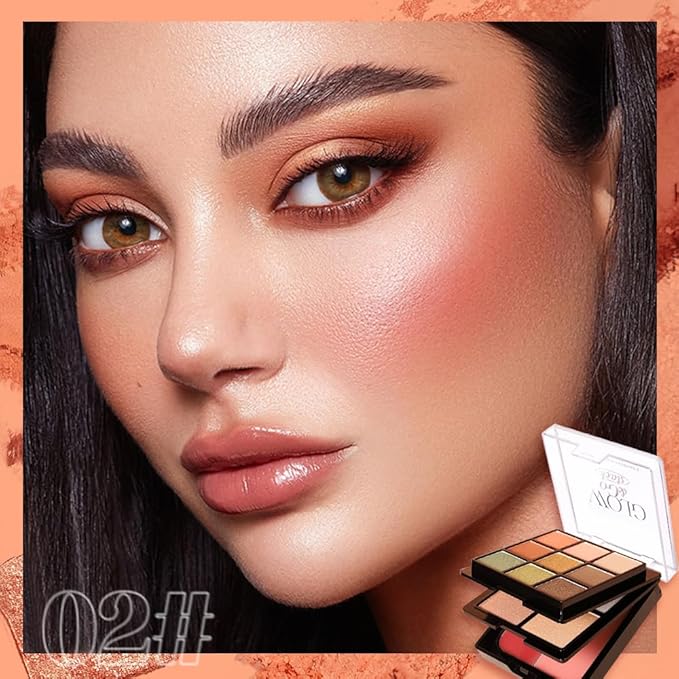 All-in-One Makeup Palette – 9 Color Matte & Pearlescent Eyeshadow, 4 Color Shimmer Highlighter, 2 Color Buildable Blush – Long Lasting, Blendable Face & Eye Makeup Kit (02#, 1 Count (Pack of 1))