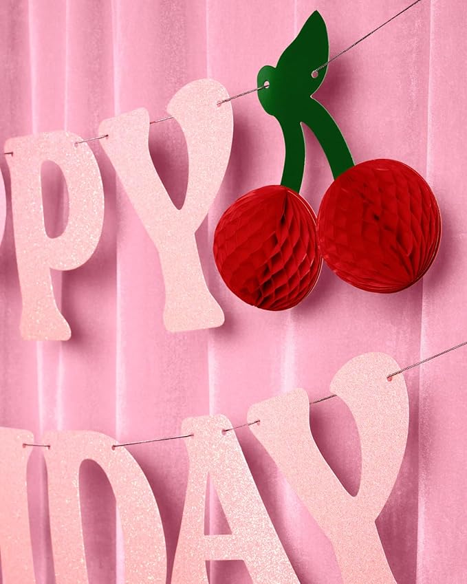xo, Fetti Happy Birthday Cherry Banner - Pink Glitter, 6.5 Ft. | 3D Cherry Garland, Bday Decoration, Accordion Party Sign, Pop Up Photoshoot Backdrop