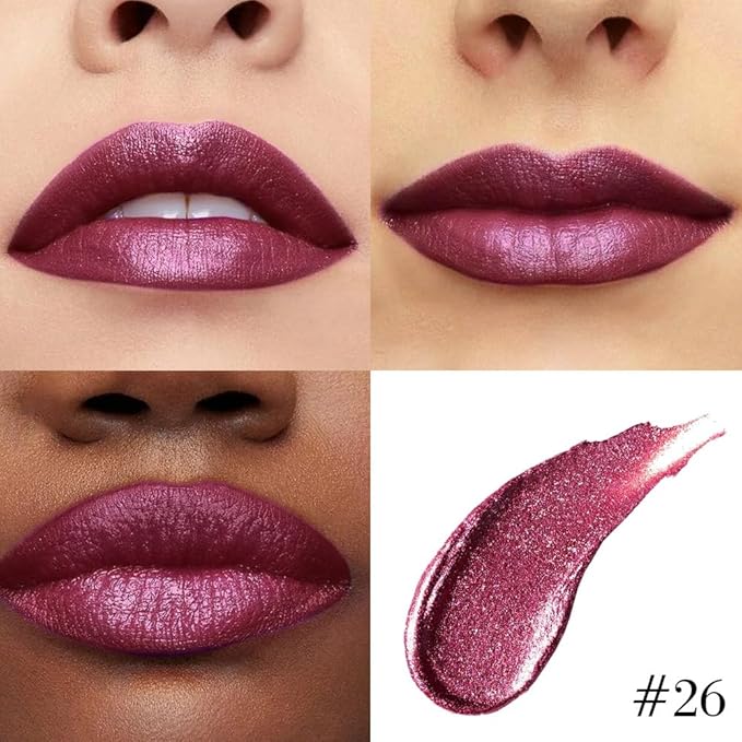 evpct Dark Purple Red Metallic Glitter Lip Liner and Lipstick Combo Lip Gloss Stain Set Makeup for Women Long Lasting Waterproof 24, Non Stick Cup Metal Shine Shimmer Iridescent Liquid Lipstick 26