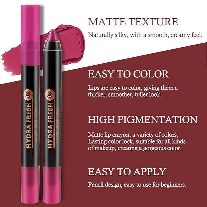 Boobeen Matte Lip Crayon Lipstik Pencil Velvety Creamy Matte Lip Liner Full Coverage High Pigment Waterproof Long Lasting Lipstick for Women, Matte Lip Color with Smooth (#08)