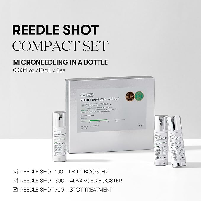 VT COSMETICS Reedle Shot Compact Set, Microneedling Serum Gift Set with Reedle Shot 100, 300, 700, Exfoliating, Anti-Aging, Travel Size Skincare for Women (0.34 oz / 10ml Each)