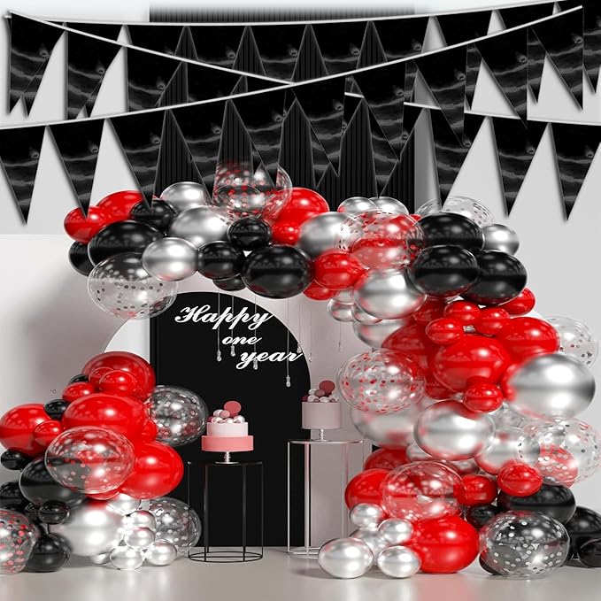 20M/65FT Black Triangle Pennant Banner Flag Metallic Fabric Bunting Garland for Christmas Graduation Birthday Wedding Engagement Bachelorette Holiday Halloween Celebration Hen Party Supplies